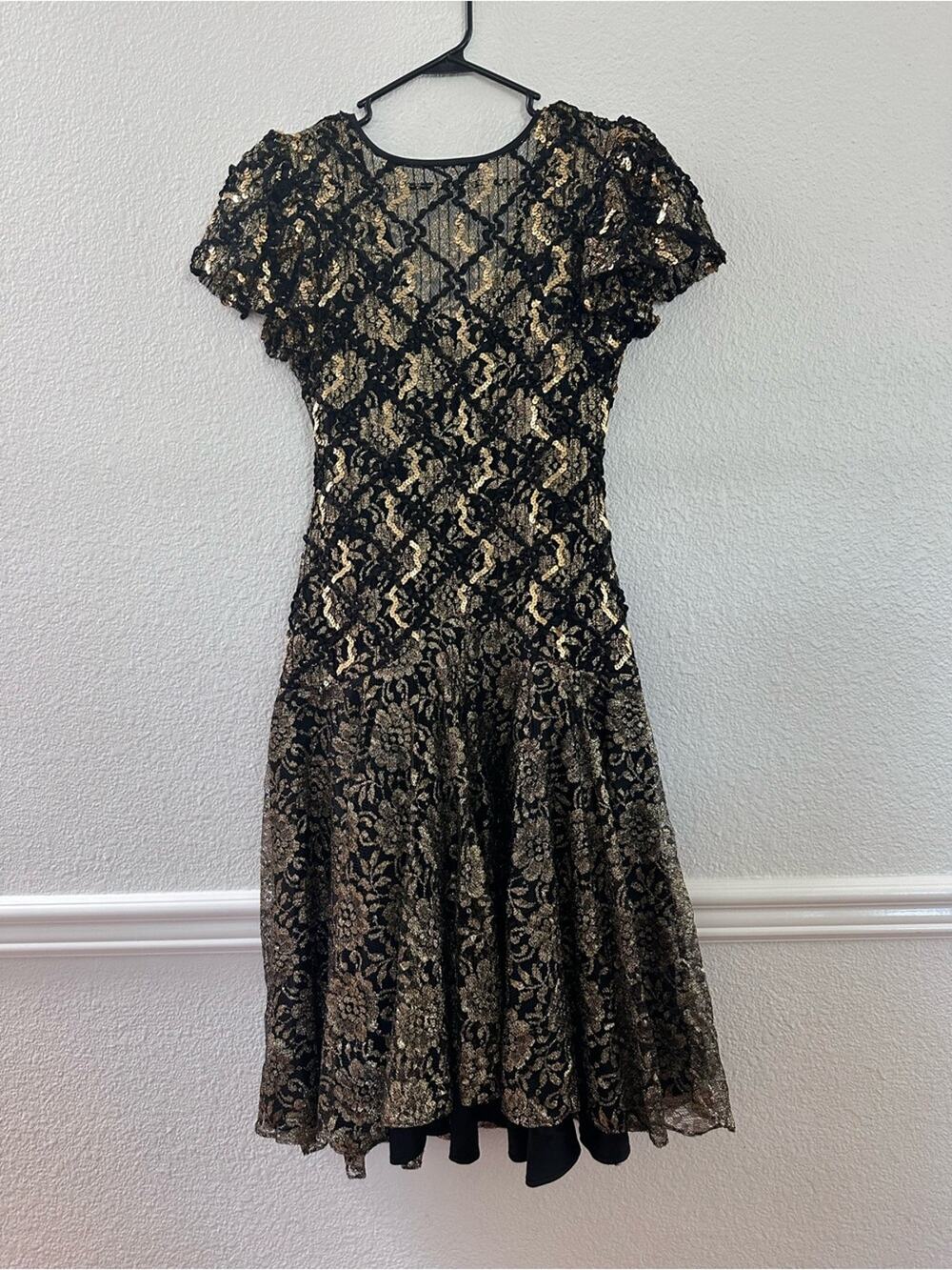 Vintage 80s Gold Black Lace Formal Dress Size 6